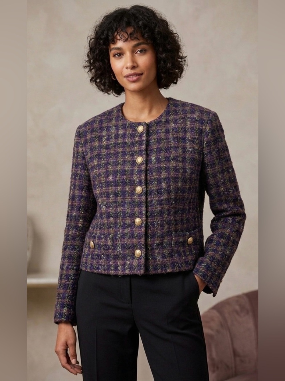 Vintage Ann Taylor Purple Tweed Wool Blend Wide Shoulder Cropped Blazer, Size 14